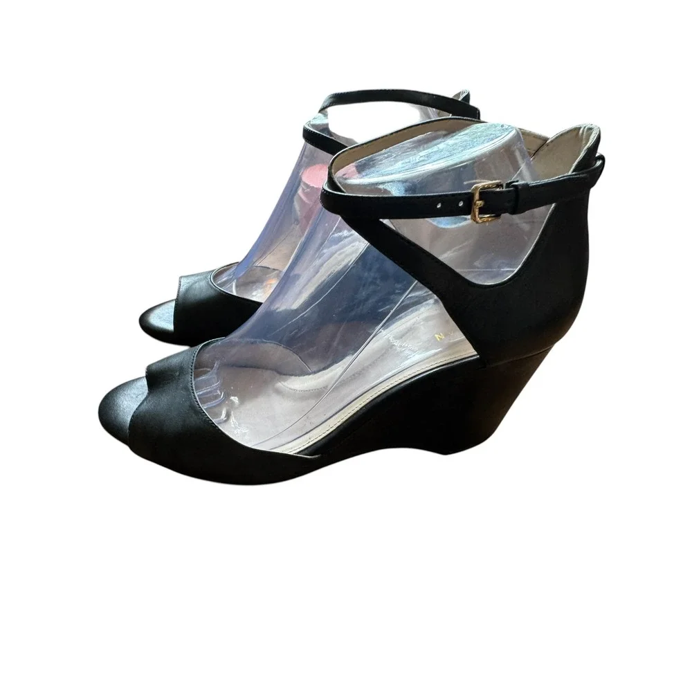Cole Haan Grand 360 Wedge Sandals Womens 7.5B Black Leather Peep Toe Excellent